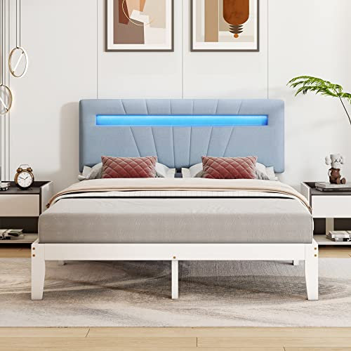MYBOO Bettgestell 140x200cm, Doppelbett Holzbett mit Polster Kopfteil und LED in 7 Farben, Kinderbett, Jugendbett, Erwachsenenbett, Rahmen aus Kiefer, Weiß (Ohne Matratze)