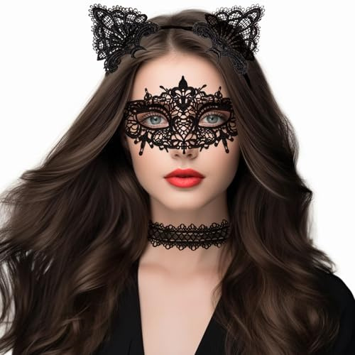 SupreLuck 3 Stück Venezianische Maske Damen, Spitze Catwoman Maske Augenmaske Spitzenhalskette, Faschingskostüme Damen Sexy für Karneval Valentinstag Halloween Kostüm Party Maskenball