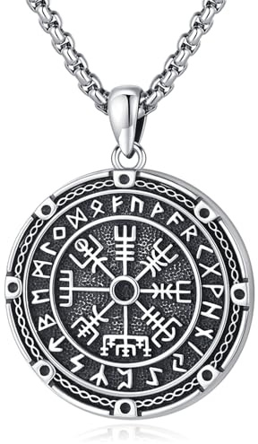 Eusense Wikinger Kompass Anhänger Sterling Silber Vegvisir Halskette Norse Viking Halskette für Frauen Nordic Rune Schmuck für Männer Frauen
