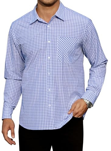 Enlision Mens Plaid Shirt Long Sleeve Check Shirts for Men Smart Casual Button Down Checked Lumberjack Formal Business Work Top with Pocket Regular Fit, Light Blue and White, M