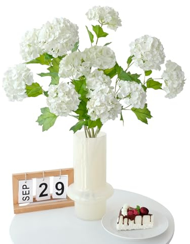 JINWOE White Flowers Viburnum Hydrangea Artificial Flowers,4pcs Snowball Bush Real Touch Flowers, Long Stems Latex Lifelike Small Faux Hydrangea for Bouquet Home Wedding Table Centerpiece Indoor Home
