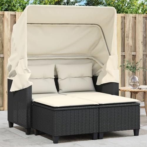 LAPOOH Gartensofa 2-Sitzer mit Dach und Hockern Schwarz Poly Rattan, Gartenlounge, Garden Sofa, Balkonmöbel, Gartenmöbel, Loungemöbel - 365780