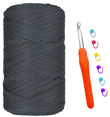 T-shirt Garn, 400G/120M Tshirt Garn zum Häkeln, Textilgarn mit 9,0 mm Häkelnadel, Dickes Darn für Taschen Häkeln, Körbe, Teppiche, Kunsthandwerk (Dunkelgrau)