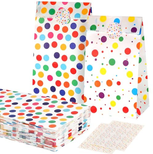 25 Stück Papiertüten Kindergeburtstag Klein, 18 x 9 x 5,5 cm Geschenktüten Klein mit 48 Aufkleber Regenbogen Punkte Mitgebsel Candy Tüten für Weihnachten Hochzeit Geburtstag Party