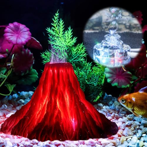 BORDEAG Aquarium Vulkan Ornament Kit, Vulkan Aquarium Dekoration mit Bunten LED-Lichtern, Vulkan Dekoration, Harz-Dekoration für Garnele, Fisch und Schildkröte