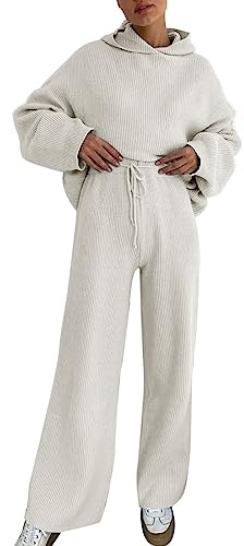 Generico Completo di Lana Donna Eleganti Complete 2 Pezzi in Maglia Casual Tuta Maglione Maniche Lunghe e Pantaloni in Vita a Gamba Larga Completi Sportivi Autunnale Invernale Set Lavorati Offerte