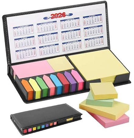 Haftnotizen Set, 1100 Stück Haftnotizen Klebezettel | Selbstklebende Haftnotizen,Haftnotizen Klebezettel PU Etui, Kalender 2026 Sticky Notes Set für Büro Schule Teamwork Studium