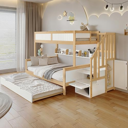 YuQozii Etagenbett, Kinderbett, mit Fallschutz und Gitter, Entworfen mit DREI Bettpositionen, mit Rollbett, mit Kleiderschrank, Ecktreppe, Kiefer+MDF, Weiß+Natur, 90x200&90x190&120 * 200cm