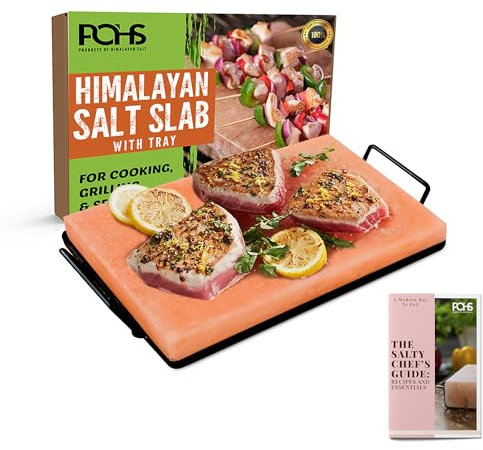 POHS Himalayan Salt Block Cooking Plate 12x8x1.5 for Cooking, Grilling, Cutting and Serving, with Metal Tray & Recipe Booklet Unique Gifts for Men, Women, Chefs & Cooks