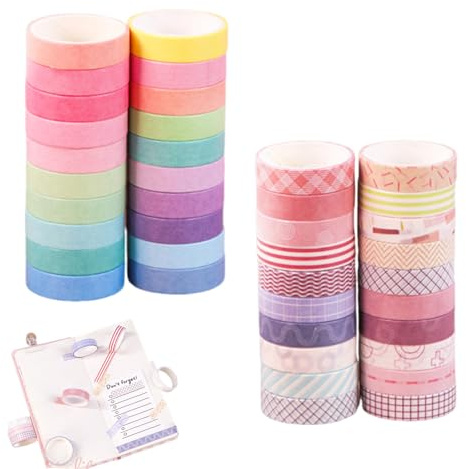 DUGEGAYL Washi Tape Set，Lot de 40 rouleaux de Washi Tape 20 rouleaux de série couleurs Macaron 20 rouleaux de série bordure, 1 cm x 2 m, pour Adultes, Scrapbooking, Bricolage et Bullet Journals