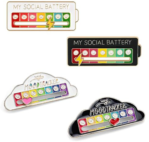 RHQFDM 4 Stück Soziale Batterie Pin, Stimmungs-Anstecker (2 Farben) | 7 Gesichtsausdrücke, jederzeit verstellbar, materialschonend, für Rucksäcke/Mützen/Kleidung