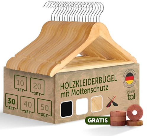 Blumtal Kleiderbügel Holz 30er Set - Holzbügel mit 360° drehbarem Metallhaken - Bügel aus robustem Holz mit Zedernholz Mottenschutz - Holz Kleiderbügel mit Anti-Rutsch-Schicht & Einkerbungen - Hangers