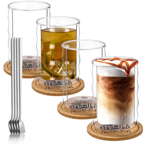 Vasos Cafe Cristal 400ml, Tazas Doble Pared Cristal con Posavasos y Cuchara, Tazas de Cafe Espresso para Espresso, Latte Macchiato, Cappuccino, Vino, Bolsitas de Té, Bebidas Calientes, Juego de 4