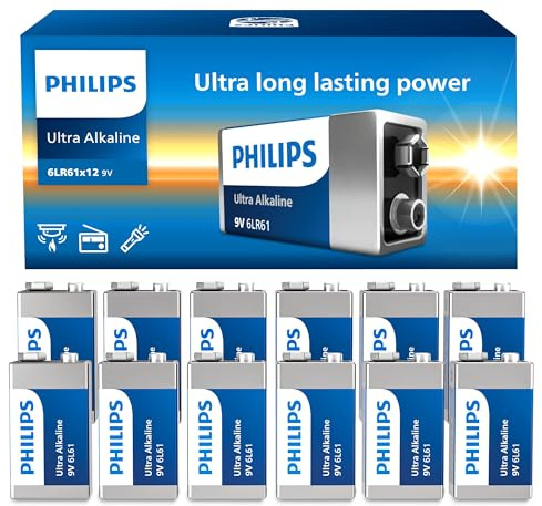 PHILIPS 9V Batteries Alkaline 9 Volt Battery 12 Pack Ultra Long Lasting 9V Battery for Household and Office Devices Smoke Detector