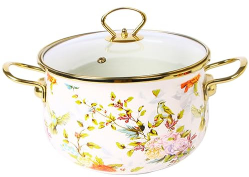 ZGFOZJGC Emaillierter Simmertopf mit Deckel, tiefer Vintage-Blumeneintopf, antihaftbeschichteter Dicker Kochtopf mit Glasdeckel und Doppelgriffen, großer Suppentopf, sicher für Induktionshe