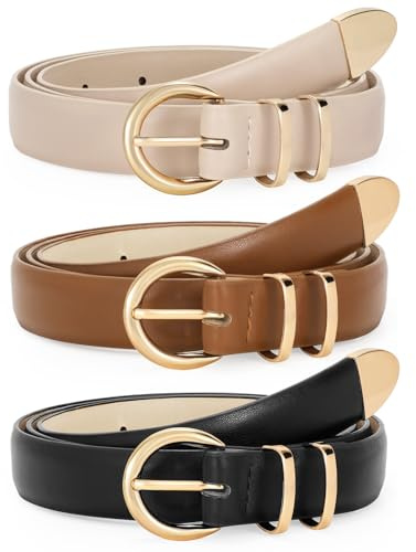 WERFORU Lot de 3 ceintures Femme Tendances, Ceinture Élégante Rétro en Cuir avec Boucle Dorée ou Argentée pour Jeans, Robes et Pantalons