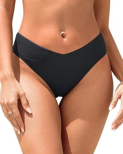 Tempt Me Women Mid Waist Bikini Bottoms - Black V Cut Front Swim Bottoms High Cut Cheeky Bathing Suit Bottoms Brazilian Swimsuits 2025 L