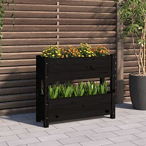 Gecheer Pflanzkübel, Hochbeet mit 2 Etagen, Vertikalbeet für Garten Terrasse Balkon, Blumenkasten Pflanzkasten Kräuterbeet, Schwarz Massivholz Kiefer