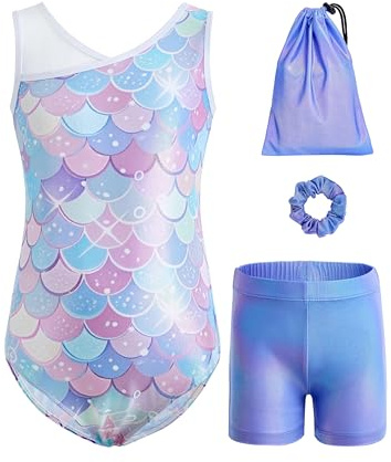 Tstiti Gymnastics Leotards for Girls 4-Piece Outfit with Storage Bag Scrunchie & Shorts Set for Toddler/Kids 3-12 Years Fish Scale Color 11-12 Years