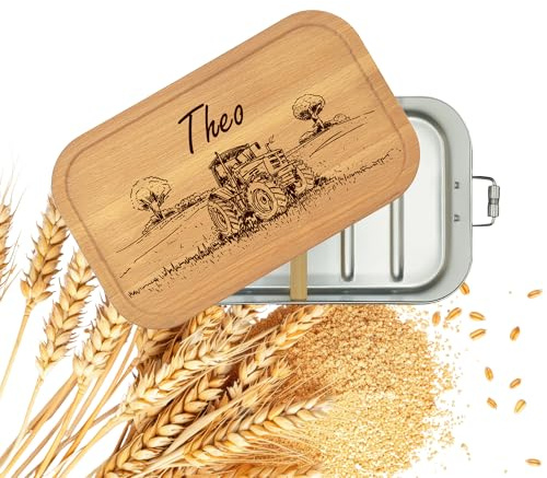 Thiger Brotdose Edelstahl Traktor, personalisiert, Holzdeckel