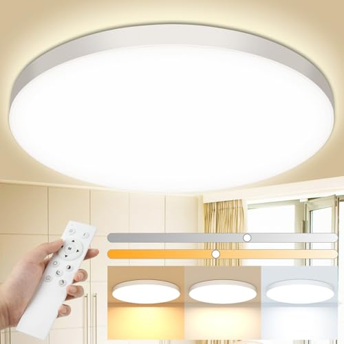 Swoieltr Plafon LED Techo, 24W 2000LM Lampara Techo con Mando a Distancia, 3000K-6500K IP44 Plafones para Techo LED, Regulable Lampara LED Techo Candeeiro Teto Cocina Dormitorio Salon Baño Ø28cm