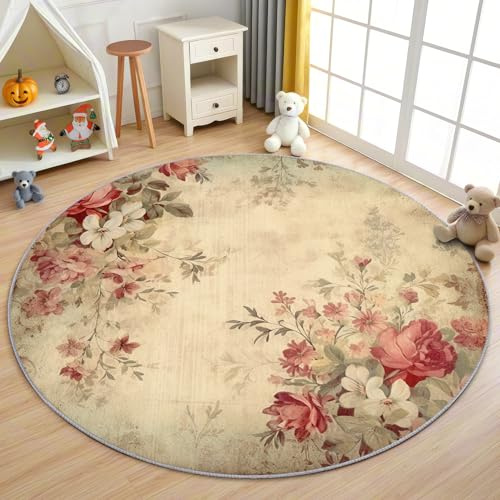 AevuCub Vintage Blumen Teppich Rund 200cm Kurzflor - Waschbare Teppiche Wohnzimmer Shabby Chic - Runder Teppich 200 cm Durchmesser Kinderzimmer - Bettvorleger Schlafzimmer rutschfest Weich