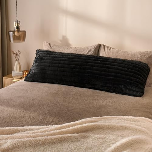 OHS Ribbed Faux Fur Bolster Pillow Black, Full Body Long Pillows Soft Cosy Hollowfibre Filling Pregnancy Pillow for Maternity Support & Side Sleeper Bolster Cushion, 125 x 45cm