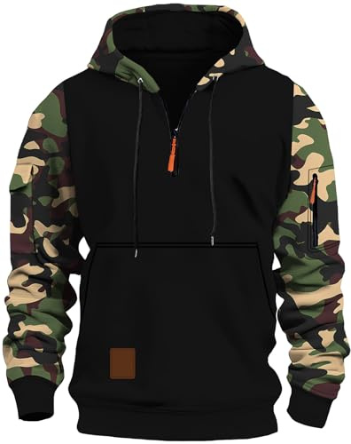 MEDUOLA Sudadera Hombre 1/4 Cremallera Camuflaje Manga Larga Combinación Colores Múltiples Bolsillos Grueso y Cálido Ropa de Calle M,Verde
