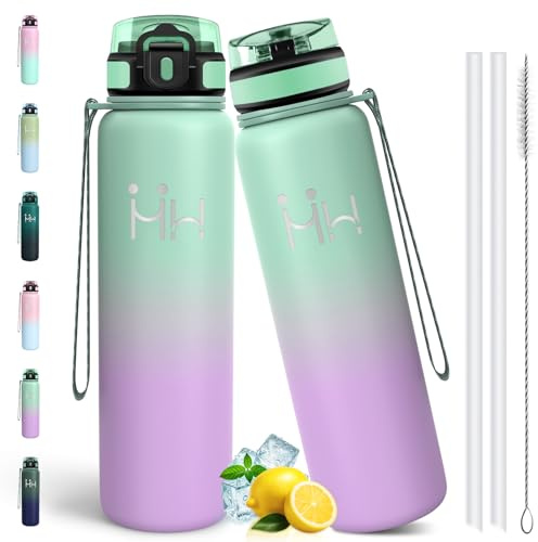 Motswedi Borraccia Termica 1 litro, Acciaio Inox Bottiglia Termica, Borraccia con Cannuccia, Isolamento Sottovuoto a Doppia Parete, per Campeggio, Yoga, Palestra, Blu mare & Viola chiaro