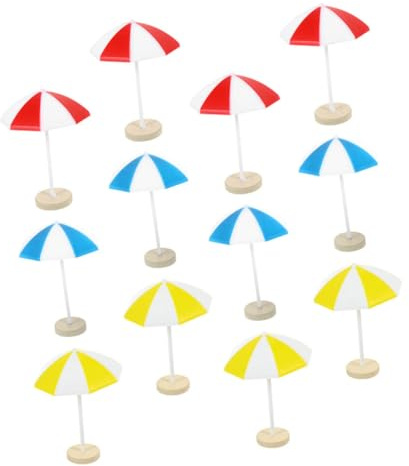 VANZACK 12pcs Mini Beach Umbrellas for Doll House Miniature Landscape Decor Small Sun Umbrella Ornaments in Red Blue Yellow for Mini Gardens Window Displays and Party Decorations