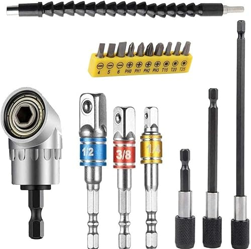 Flexible Drill Bit Extension Set with 105 Right Angle Bendable 3pcs 1 4 3 8 2 Universal Socket Adapter Holder and Screwdriver Kit for Narrow Spaces