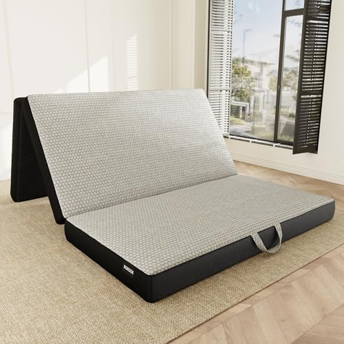 ROXGOX Double Folding Mattress 190x135x10cm, Tri-Fold Memory Foam Floor Mattress, Portable Guest Bed with Washable Cover for Camping, Caravan, Travel, Spare Room