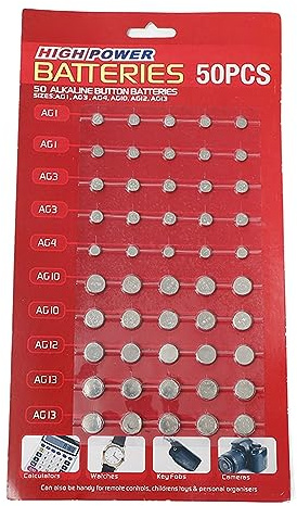 jebyltd Lot de 50 piles AG1/AG3/AG4/AG10/AG12/AG13 pour montre, jouet, horloge, calculatrices, piles bouton mixte