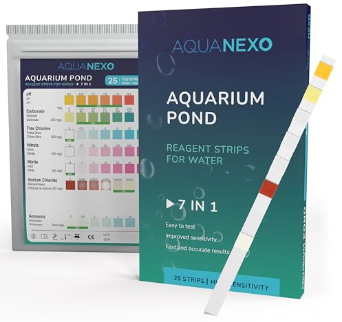 AQUANEXO 25x oder 100x Wassertest Aquarium 7in1, Aquarium Teststreifen, Aquarium Zubehör, Wasseranalyse bei Haltung Fische in Aquarien oder Teich, pH Teststreifen, Karbonat, Chlor, Ammonium (25)
