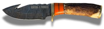 ZADE Hunting Pirineos Cuchillo de Eviscerado para Caza | Acero Damasco Inoxidable 440C, Hoja Fija con Gancho, Mango de Asta y Funda de Cuero (Acero inoxidable)