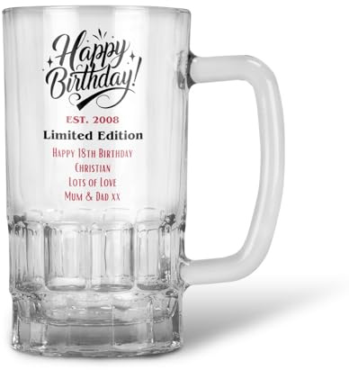 Personalised Limited Edition Birthday 20oz Pint Glass Beer Mug Tankard Stein Gift 18th 21st 30th 40th 50th 60th 70th 80th - Dishwasher Safe (Print with Handle on Right, No Gift Box)