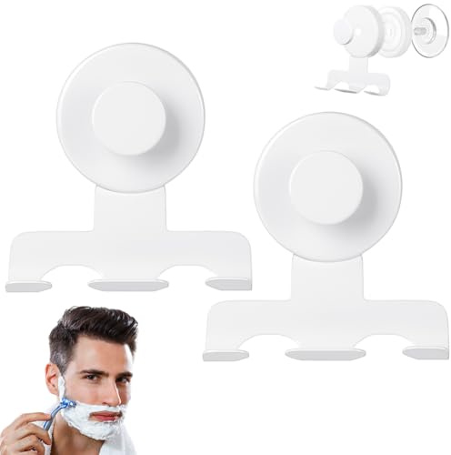 URAQT Razor Holder for Shower with Suction Cup, 2 Packs No-Drill Vacuum Shower Hooks, Dual-Hook Wall Mounted Razor Stand, Waterproof and Reusable, for Towels Robes Hanging, White