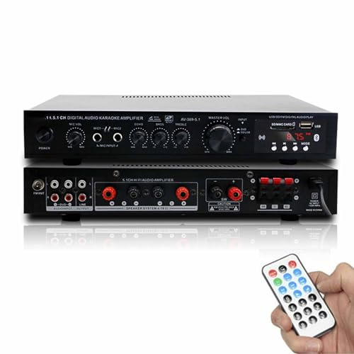 Surround Sound Amplifier 5.1 - Audio Center for TV, Karaoke & Home Theater with USB, FM/AM Radio, Subwoofer Bass