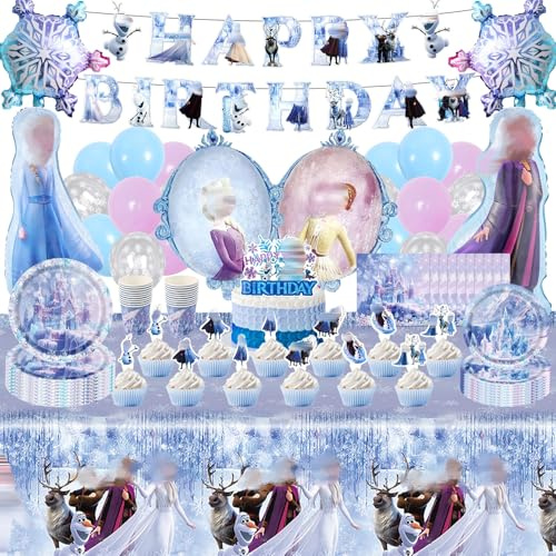 89Pcs Ice and Snow Birthday Party Decorations, Ice Queen Party Decor Set for Gilrs, Party Tableware, Happy Birthday Banner Cake Deco Balloons Tablecloth Paper Plate