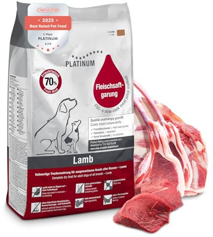 PLATINUM - Hundenahrung Adult Lamb aus Fleischsaftgarung - 5kg Hundefutter trocken nährstoffreich wie BARF - besonders schmackhaftes Hundetrockenfutter für kleine und große Hunde - in DE geprüft