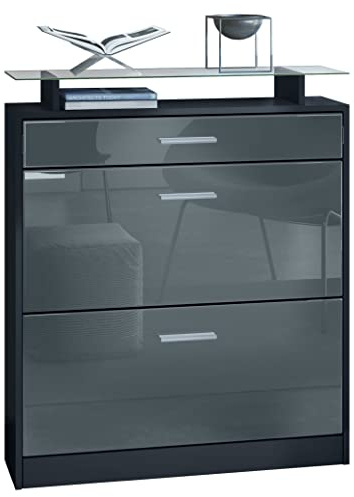 Vladon Schuhschrank Loret, Schuhkipper für 16 Paar Schuhe mit 2 Klappen und 1 Schublade und Glasablage, Schwarz matt/Grau Hochglanz (89 x 104 x 23 cm)