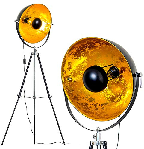 Stehlampe Saturn, Vintage Stehleuchte mit Lampenschirm in Gold/Schwarz aus Metall, Ø 40 cm, E27-Fassung, verstellbare Bodenleuchte im Retro-Design, ohne Leuchtmittel