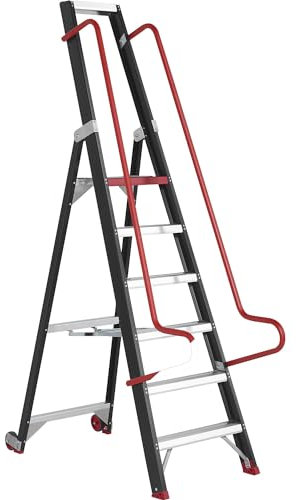 Certeo | Escabeau Mobile pour rayonnages | avec Mains courantes de sécurité | 6 marches | Marche Sup comprise