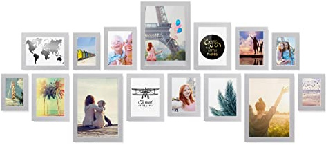 PHOTOLINI Bilderrahmen Set Silber, Fotorahmen Holz MDF, 15er Bilderrahmenset Wand Collage, photo frames for wall mit Acrylglas aufhängen, silberne Bilderrahmen Set verschiedene Größen mit Zubehör