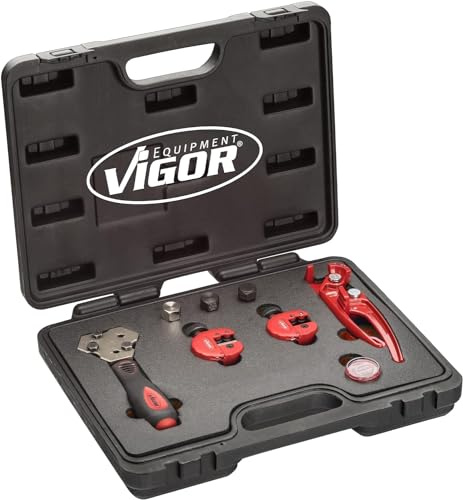 ViGOR V5513 flänsapparat set I 9-delat set I för DIN gängning, flänsning av stål-, aluminium- eller kopparbromsledningar I användning på broms- eller hydraulledningar direkt på fordonet