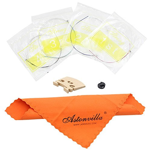 Dilwe 4 in 1 Violin Saiten Kit, Geigensaiten Gummi Mute Ahornholz Brücke Reinigungstuch kit