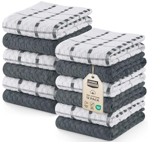 Utopia Towels Toallas de Cocina, 38 x 64 cm, 100% algodón Hilado en Anillo, Toallas de Plato súper Suaves y absorbentes, Toallas de té y Toallas de Barra, (Paquete de 12) (Gris y Blanco)
