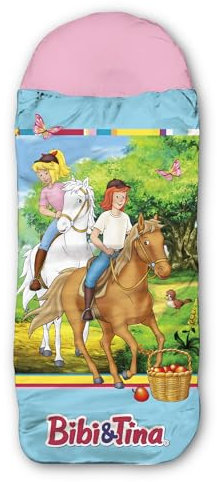 Bibi und Tina Kinder-Schlafsack – Freunde Blau-Rosa, 140 cm + 30 cm (Kapuze) x 70 cm Outdoor/Indoor, Mumienschlafsack für Mädchen, Pferde Sabrina & Amadeus, Reiseschlafsack mit Reißverschluss