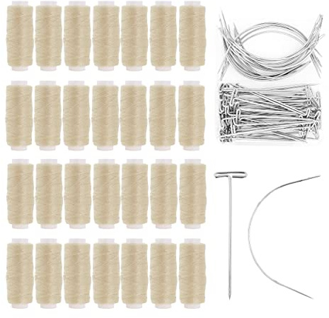 Mandala Crafts Weave Needle and Thread for Extensions – 24 Rolls of Dirty Blonde Weaving Thread for Hair Sew in with 70 T Pins & Curved Needles for Wig Making and Hair Weft