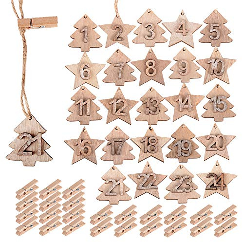 24pcs Colgantes Madera Navidad Calendario de Adviento Número 1-24 +24pcs Pinzas Madera + 2metros Cuerdas cañamos Regalos Adornos Navideños Manualidades Ornamentos de Navidad